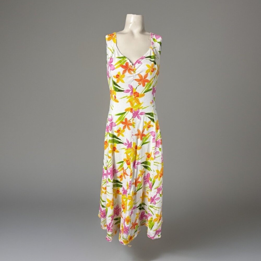 Vintage 90s Womens M Colorful Floral Hawaiian Maxi Dress Corset Lace-Tie Back